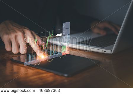 Success Business Concept. Businessman Hand Touch Hologram Of Stock Chart Or Cryptocurrency Chart Wit