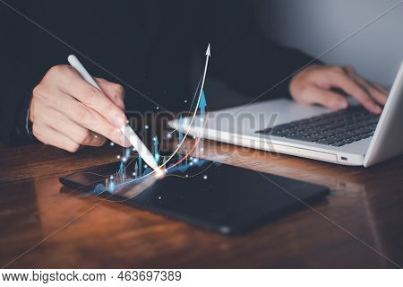 Success Business Concept. Businessman Hand Touch Hologram Of Stock Chart Or Cryptocurrency Chart Wit
