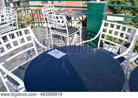 Early Morning View Of Modern Rooftop Restaurant At Kasauli, Himachal Pradesh In India, View Of Mount
