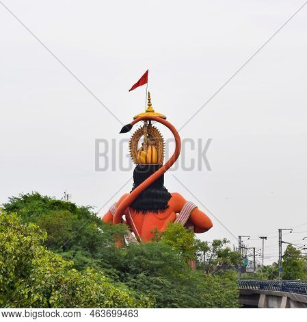 Big Statue Of Lord Hanuman Near The Delhi Metro Bridge Situated Near Karol Bagh, Delhi, India, Lord