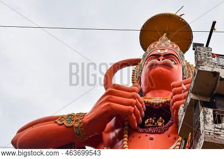 Big Statue Of Lord Hanuman Near The Delhi Metro Bridge Situated Near Karol Bagh, Delhi, India, Lord