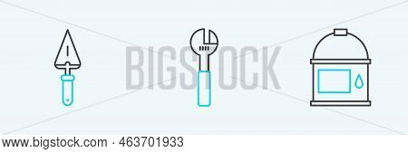 Set Line Paint Bucket, Trowel And Adjustable Wrench Icon. Vector