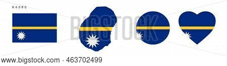 Nauru Flag Icon Set. Nauruan Pennant In Official Colors And Proportions. Rectangular, Map-shaped, Ci