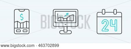 Set Line Calendar, Mobile Stock Trading And Computer With Growth Graph Icon. Vector