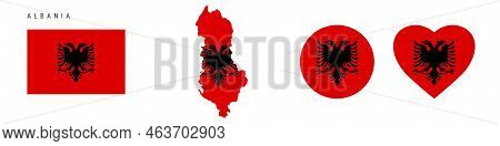 Albania Flag Icon Set. Albanian Pennant In Official Colors And Proportions. Rectangular, Map-shaped,