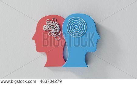 Mental Health Concept. Tangled Chaotic Brain Vs Logical Brain. Personality And Emotion. 3d Rendering