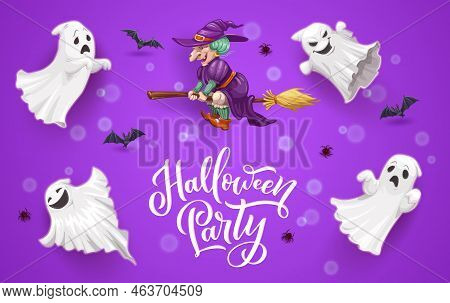 Halloween Party Banner With Flying Ghosts And Witch. Cartoon Vector Greeting Card With Spooks, Bats,