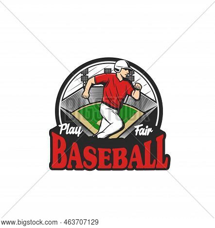 Baseball Sport Icon With Runner Player, Softball Team Vector Emblem. Baseball League Badge With Cham