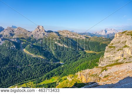 Dolomites Panoramic View At Morning Sunrise Time. Ra Gusela, Averau And Nuvolau Peaks. Italy