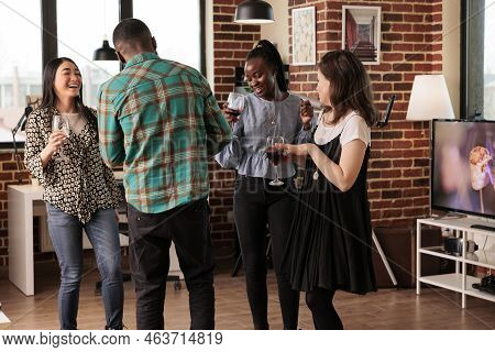 Happy Diverse People Laughing, Smiling, Dancing, Having Fun At Multicultural Friends, Mates, Gatheri