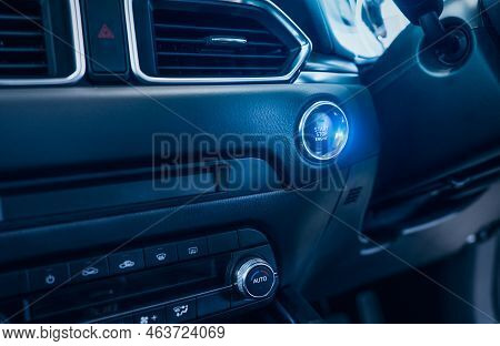 Start Stop Engine Button Of Luxury Car. Push Up Button For Start Or Stop Car Engine In Keyless Autom