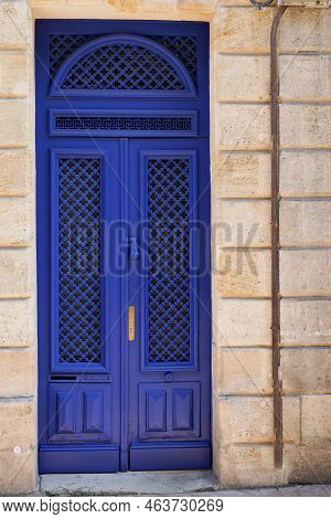 Blue Wooden Front Door Of Street Restored House Entrance Dark Classic Gate
