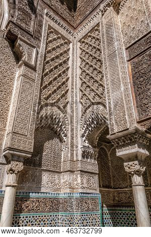 Fez, Morocco - September 19,2022 - View At The Decoration Interior Of Al-attarine Madrasa In Fez. Fe