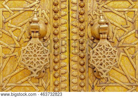 Fez, Morocco - September 19,2022 - View At The Doorknockers Of Gate To Royal Palace In Fez.fez City 