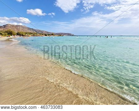 Elafonisi Beach. Turquoise Clear Water Of Beautiful Elafonisi Beach In Crete, Greece.