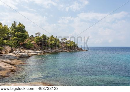 Kalogria Beach In Sithonia, Halkidiki With Turquoise Shining Sea During Summer Time In Greece.