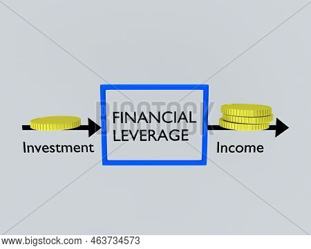 3d Illustration Of Financial Leverage Flowchart, In Which A Golden Coin On An Invest Arrow Enters Fr