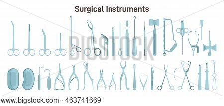 Surgical Instruments Set. Scissors, Tweezers, Scalpels , Amputation