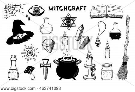 Witchcraft Symbols Set. Mystic Magical Hand Drawn Elements. Witch Cauldron, Hat, Broom, Books And Ot
