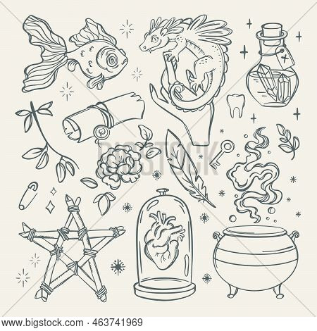 Witchcraft Accessories Love Magic Alchemic Monochrome Elements Astrology Esoteric Occult Doodle Sket