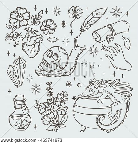 Witchcraft Symbols Love Magic Alchemic Monochrome Elements Astrology Esoteric Occult Doodle Sketch H