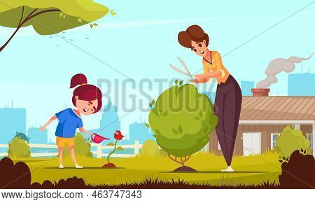 Well-behaved Children Cartoon Poster With Girl Helping Mom In Garden Vector Illustration