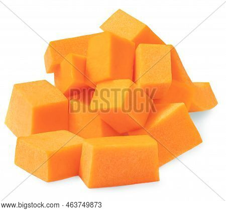 Butternut Squash Slices Isolated On White Background. Pumpkin Pieces Cutted In A Cubes Close Up.