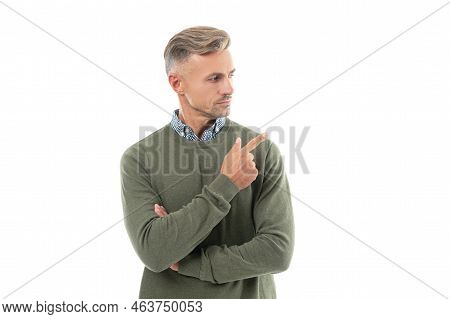 Mature Grizzled Guy With Stubble Pointing Finger Isolated On White Background. Grizzled Guy
