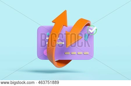 3d Credit Card With Transfer Arrows, Check Marks Isolated On Blue Background. Saving Money Wealth Bu