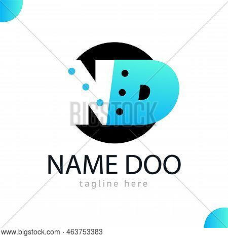 Initial Letter N D. Logo With Dot. Black And Blue Sign Nd In Black Circle.