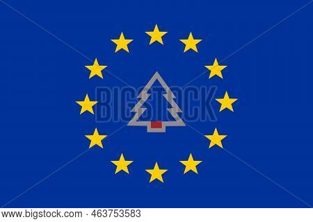 Against The Background Of The Eu Flag, A Christmas Tree In The Form Of An Uncharged Battery. Energy 
