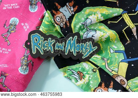 Tyumen, Russia-may 11, 2022: Rick And Morty Adult Animated Science Fiction Sitcom. Clothing With A L