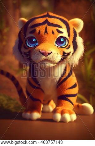 3d Rendered Illustration Of Tiger Sad Animation Character With Big Eyes