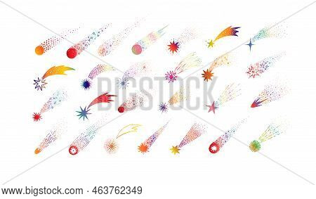Collection Of Rainbow Doodle Comets, Meteorites And Shooting Stars On White Background. Vector Sketc