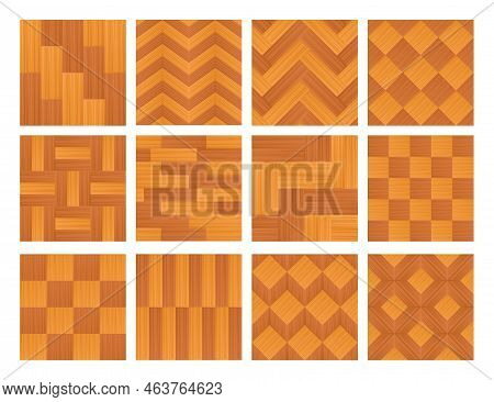 Wooden Parquet Texture Set. Vector Illustrations Of Parquetry And Laminate Tiles. Cartoon Floor Pane
