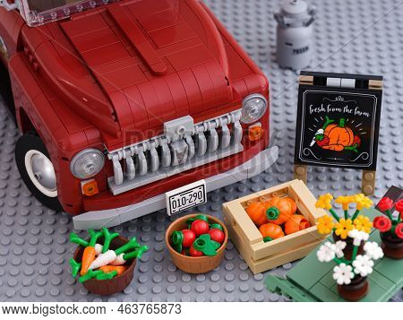 Tambov, Russian Federation - January 02, 2022 A Lego Pickup Truck With Crates Of Vegetables, Milk Bu