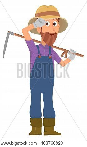 Farmer Character. Man With Scithe In Cartoon Garden Clothes