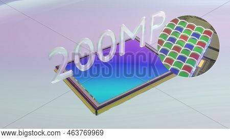 200 Megapixel Digital Camera Sensor, With Pixels Enlarged 3d Rendering, Huge Modern Digital Matrix, 