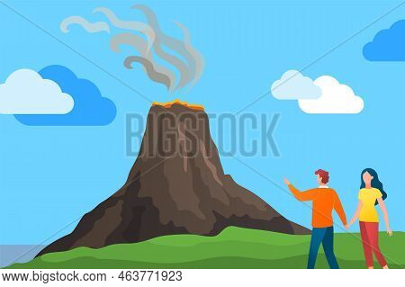 Rock Pinnacle Volcano With Lava, Geological Formation On Surface. People Watching Volcanic Landscape
