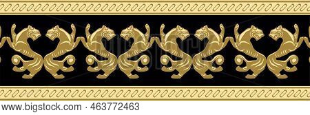 Scythian Seamless Ornament In Zoological Style. Lions Footer Patterns.