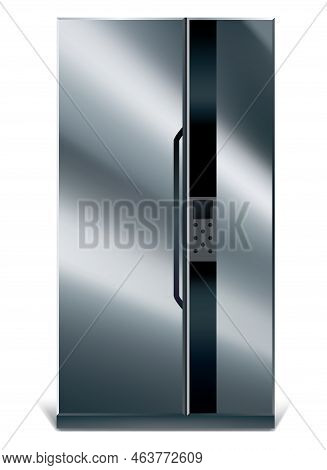 Gray Vertical Fridge For Preserve Food. Silver Refrigerator With Two Doors. Modern Cooler For Home, 