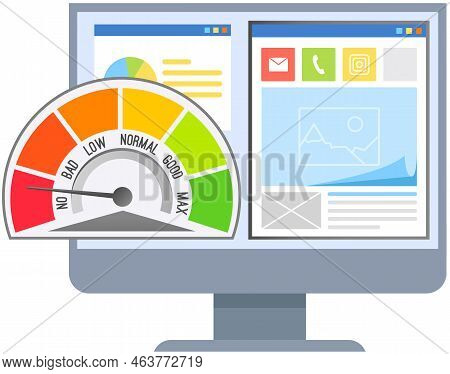 Computer Monitor With Speed Test On Screen. Load Speed Vector Time. Web Browser With Speedometer Tes