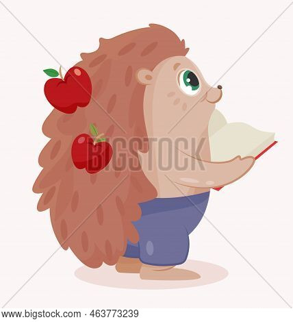 School Hedgehog Icon. Animal With Needles And Apples On Its Back Stands With Open Book In Its Hands.