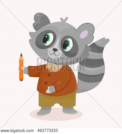 School Raccoon Icon. Gray Animal In Brown Shirt Holds Pencil In His Hands. Education, Learning And T