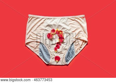 Woman Health Period Menstrual Problems. Reusable Period Underwear With Question Mark On Red Backgrou
