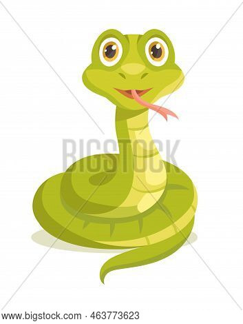 Cute Snake Icon. Charming And Adorable Character Sticks Out His Tongue. Reptile And Tropical Animal.