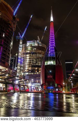 Perth, Australia - July 15, 2018: Swan Bell Tower In Perth Reflection At Night Arter Rain
