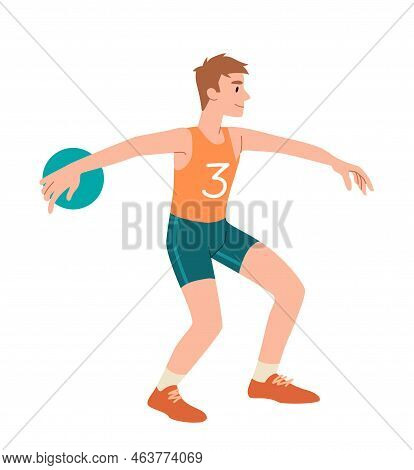 Man Throwing Discus. Young Guy In Yellow T Shirt And Shorts Tests His Strength And Takes Part In Com