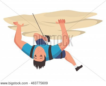 Mountain Climbing Person. Climber Men On Rock Mountain With Equipment. Extreme Outdoor Sports. Man O
