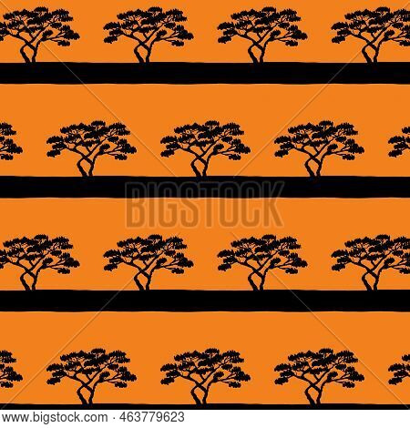Black Orange Contrast Desert Seamless Pattern For Textile And Design, Vector Illustration With A Tre